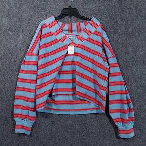 Free People Sweater Womens Medium Blue Red Striped Collared Pullover OB2287239
